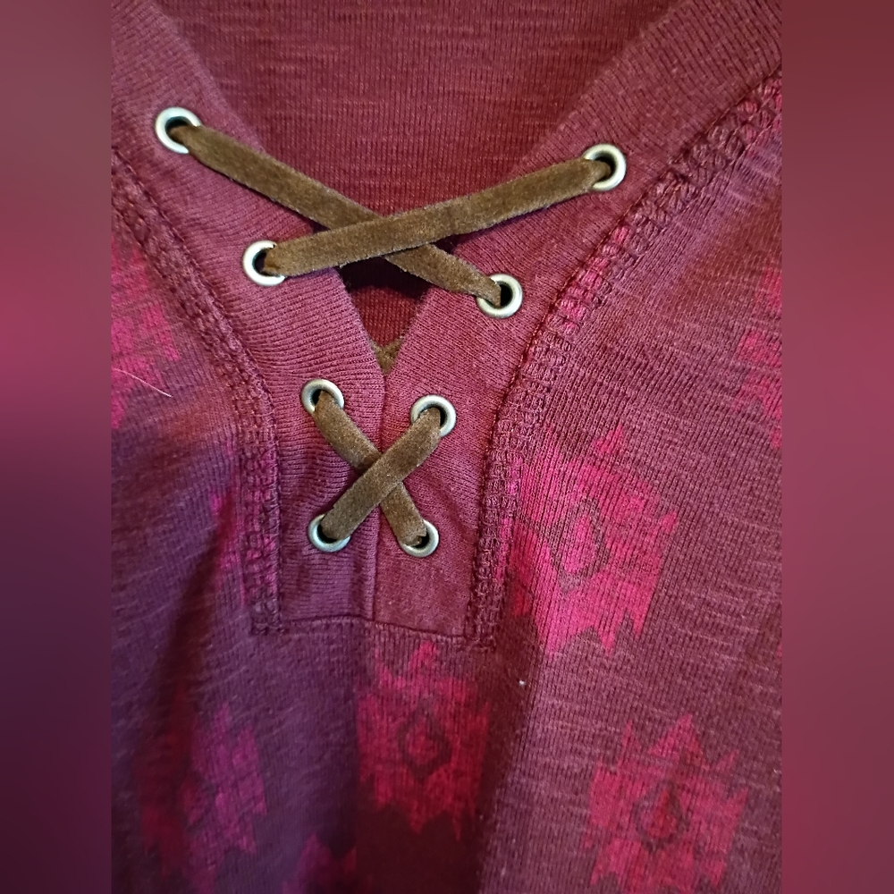 Northcrest Burgundy Size 1x 3/4 Lace-Up Long Sleeve Shirt. - Picture 2 of 8